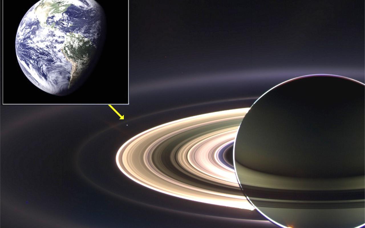 Op 15 september 2006 fotografeerde de Cassinisonde de planeet Saturnus en zijn ringen met vlak daarnaast een klein stipje, onze Aarde. 