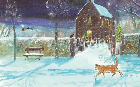De illustratie van Géwout Esselink met het kerkje van Steenwijkerwold in het nieuwe prentenboek Klaas de kat verdwaalt met Kerst.
