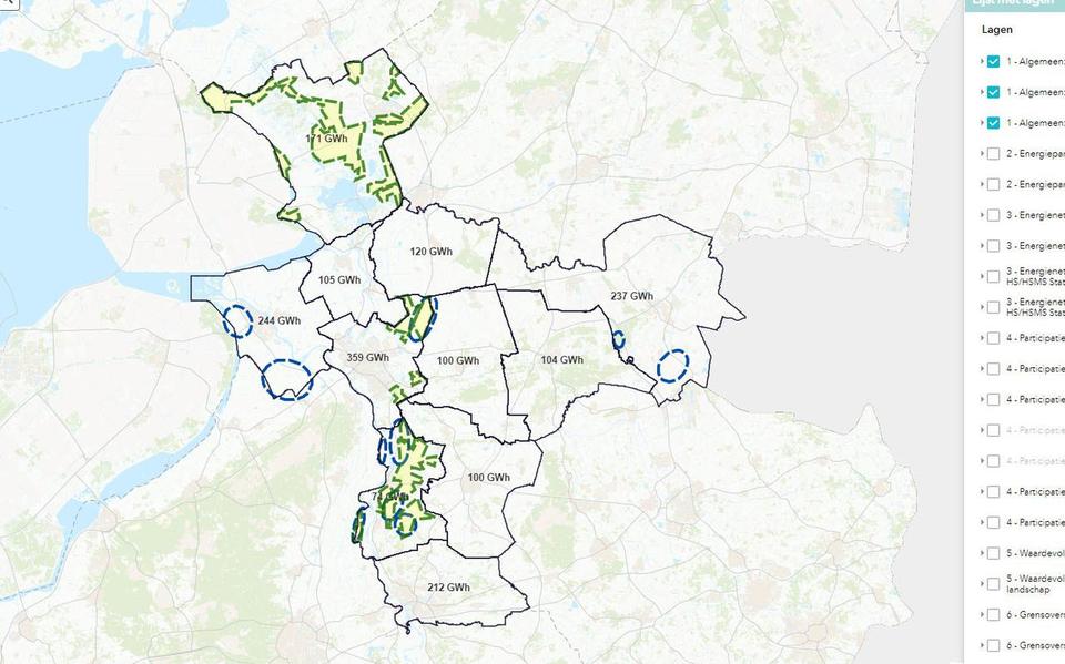 Het gebied van de RES West-Overijssel, met zoekgebieden voor windmolens (stippellijntje) en zonneparken (geel gekleurd). Foto: RES West-Overijssel 1.0