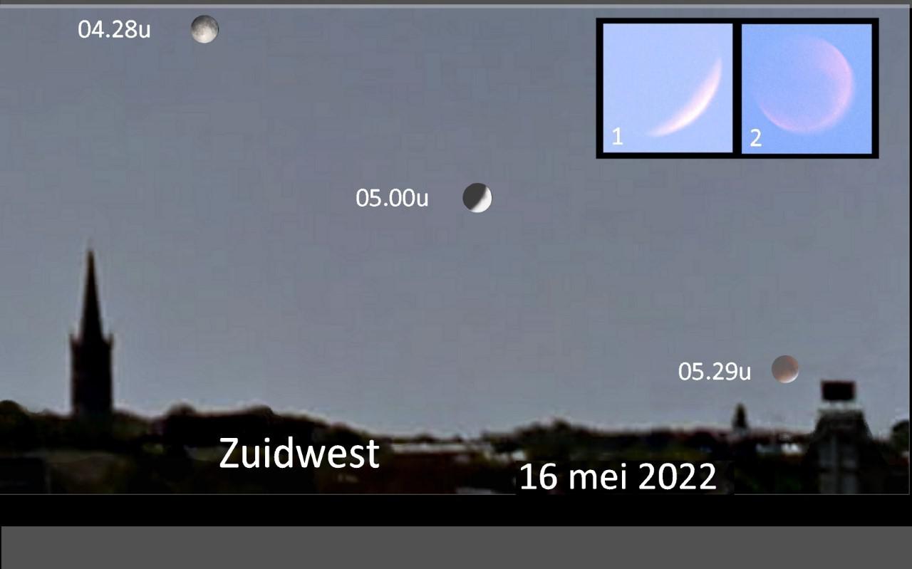 Schematisch de maansverduistering op 16 mei 2022, 's ochtends vroeg. Als de maan zeer laag boven de horizon staat, is het al sterk schemerig. In 1989 was er een vergelijkbare maaneclips vanuit ons land zichtbaar. De inzetfoto's tonen hoe de maan toen nog maar net was te onderscheiden (links (1) vlak voor totaliteit, rechts(2) tijdens de totale fase van de eclips).